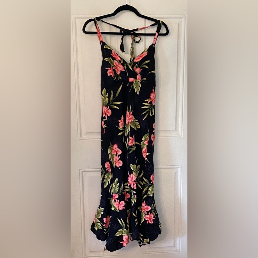 Vintage Two Palms Halter Orchid Fern Black Floral Dress